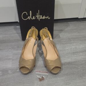 Cole Haan Aurora Air Champagne Peep Toe Slingback Heels with extra heel caps